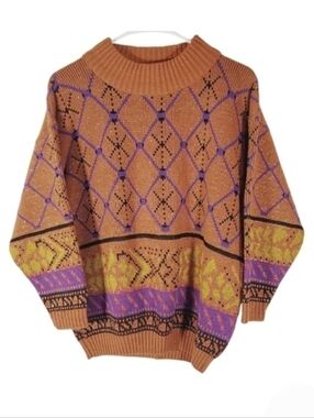 7070 * Spunky Vintage Diamond Pattern Crewneck Sweater Brown Purple Size Unknown